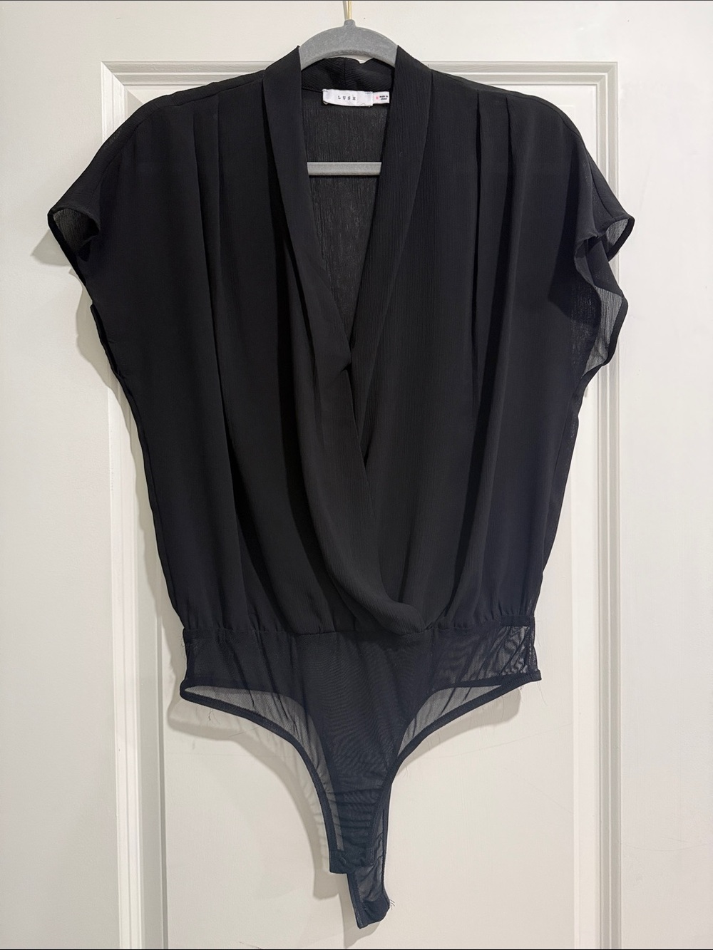 Lush Black Draped V-Neck Bodysuit